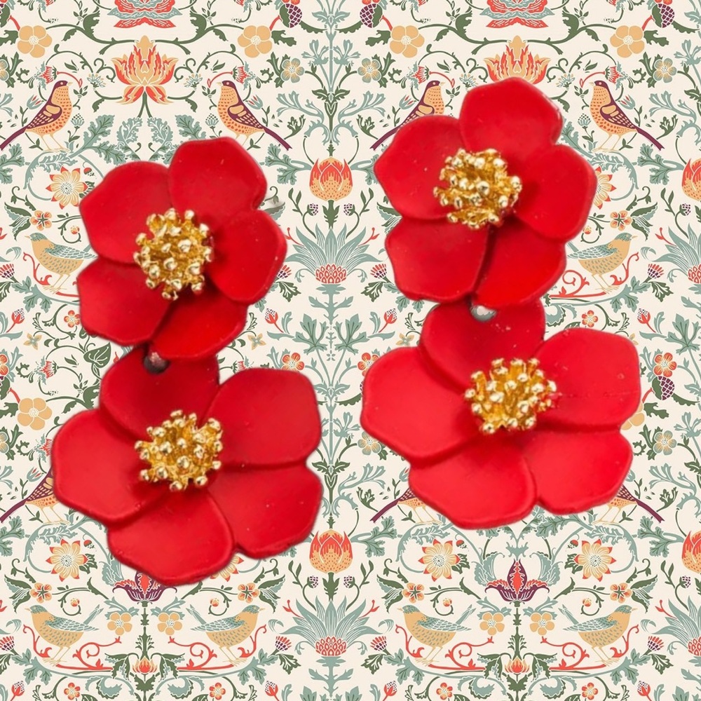 Red Matte double Flower Earrings with Gold Accent
